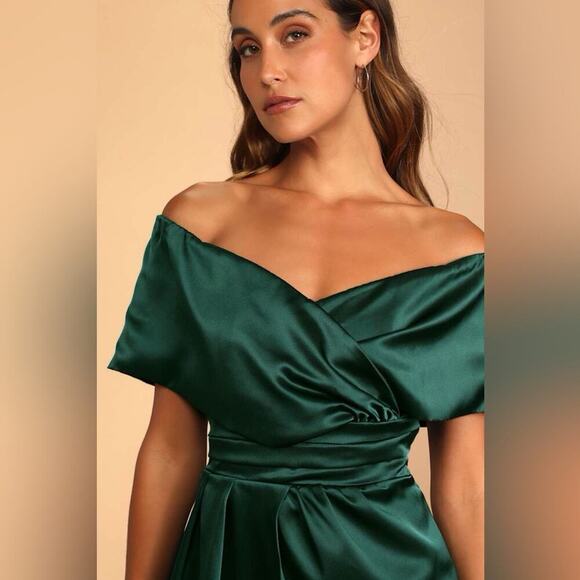 NWT Lulus Always Celebrating Dark Green Satin Off-the-Shoulder Mini Dress Large - Picture 14 of 15